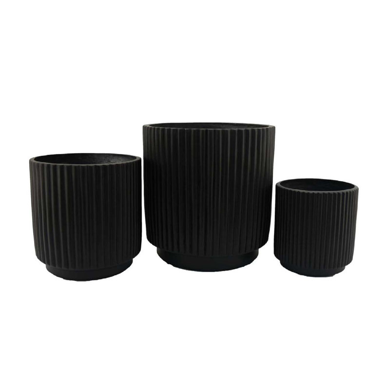 Elly Round Planter Set Of 3, Ribbed Texture Resin, 16,12,9  Inch, Black