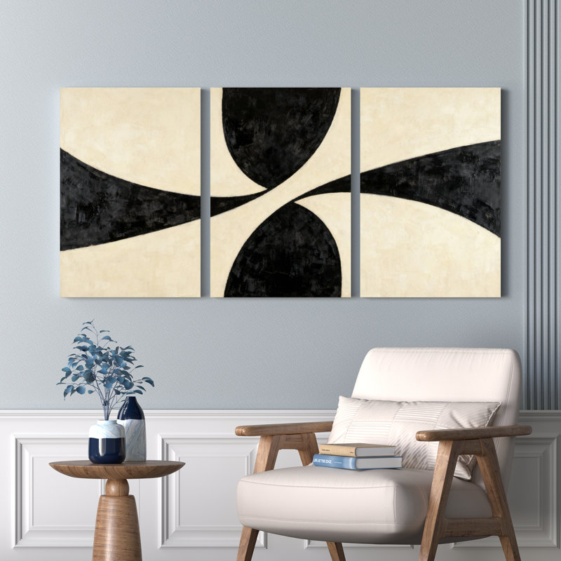 Ensemble de 3 tableaux sur toile tendue, motif incurvé abstrait noir et crème, H 24 po x l 48 po