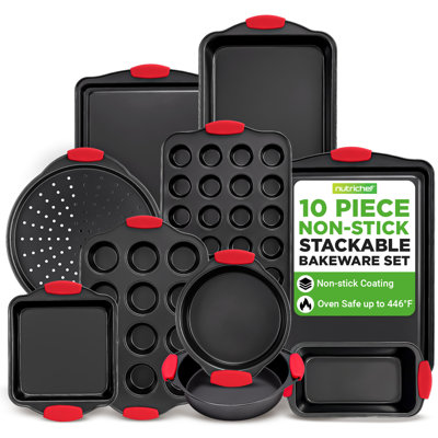Nutrichef 10‑Piece Non‑Stick Bakeware Set – Carbon Steel Baking Pans Set With Silicone Handles – Oven & Dishwasher Safe – Complete Baking Sheet Set For Cookies, Muffins, Loaf, Pizza