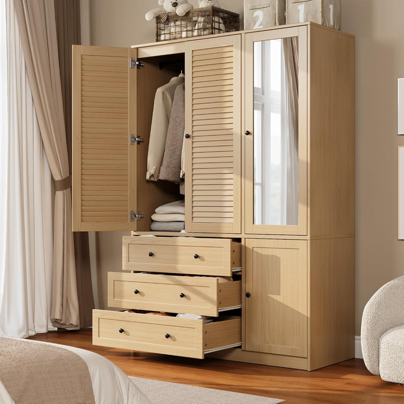 Armoire 70 "avec miroir, armoire en bois à 3 tiroirs, chêne 70", Ivoire ivoire