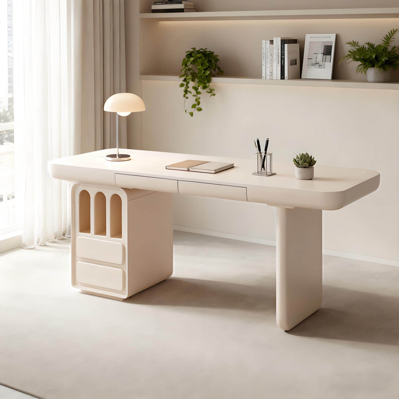 Bureau 63 pouces blanc crème avec 3 compartiments ouverts et 4 tiroirs, bureau de direction moderne en bois, bureaux à domicile