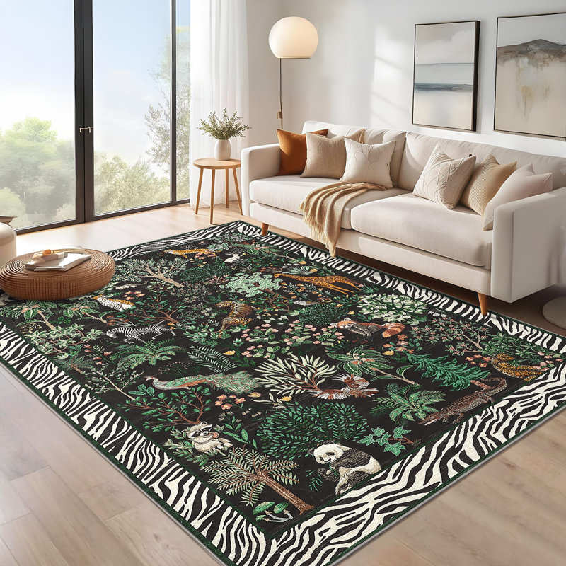 Tapis de salon pour animaux lavable Jungle, Rectangle 9 pi x 12 pi, Noir