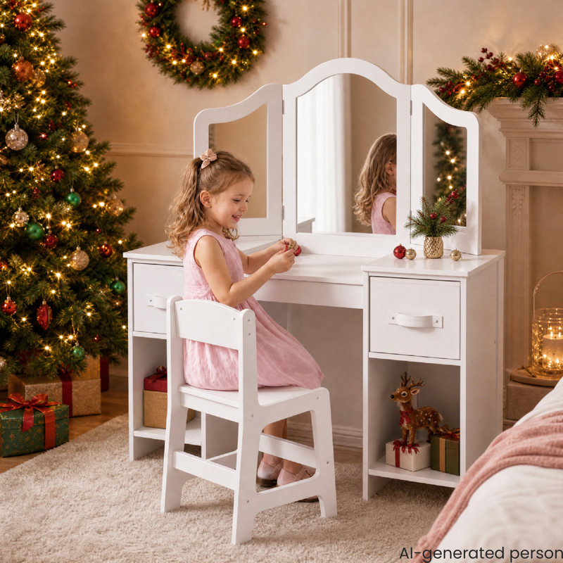 Melisa 2-in-1 Princess Makeup Desk & Chair With Tri-folding Detachable Mirror, Qpen Storage Shelves Pretend Play Dressing Table, Ideal Gift for Little Girls