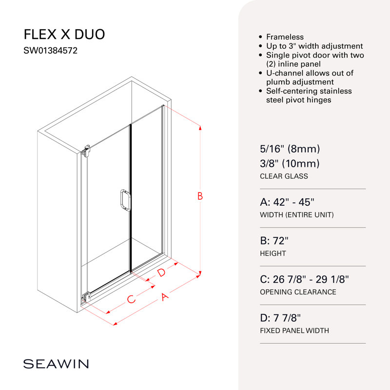  Verre trempé transparent Flex X Duo de 42 à 45 po x 72 po avec porte de douche 3/8 po et 5/16 po Flex X, Nickel brossé