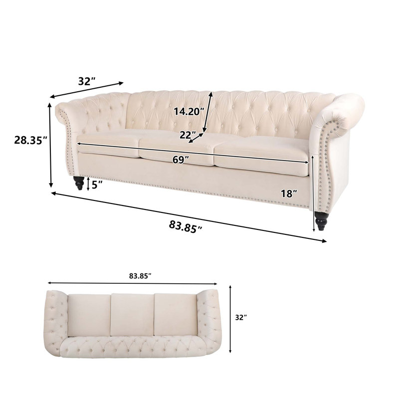 Jemotte 83.85'' Upholstered Velvet Sofa, Beige Velvet
