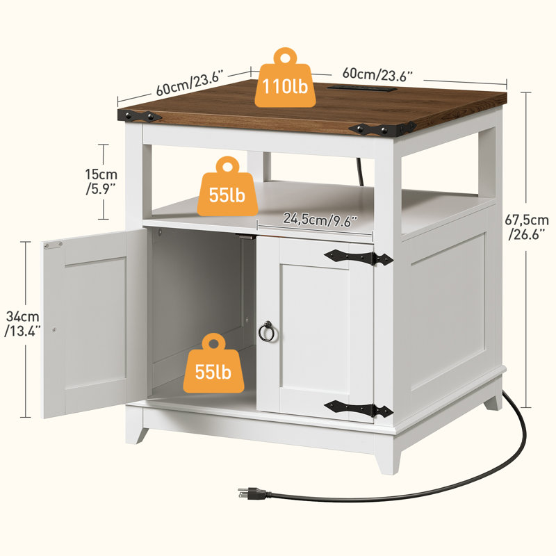 23.6"W Farmhouse End Table with Charging Station and Storage, White/Walnut
