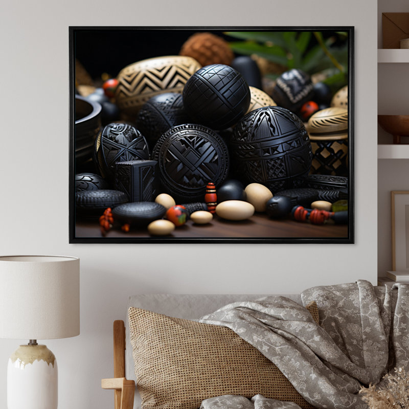 Bijoux africain - reproduction sur toile, 30" H x 40" W, Cadre flottant noir
