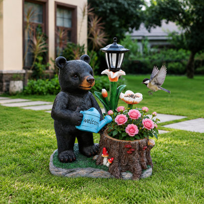 Standing Black Bear Garden Planter with Decorative Solar Lantern - Whimsical Polyresin Wildlife Flower Pot for Porch & Patio Decor