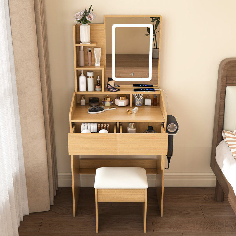 Table de coiffeuse avec miroir éclairé à DEL, prise de courant et porte-séchoir à cheveux - Tabouret confortable avec tablette ouverte pour bureau de chambre compacte à 3 niveaux d'éclairage à DEL réglable, douille, chambre à coucher idéale, 2