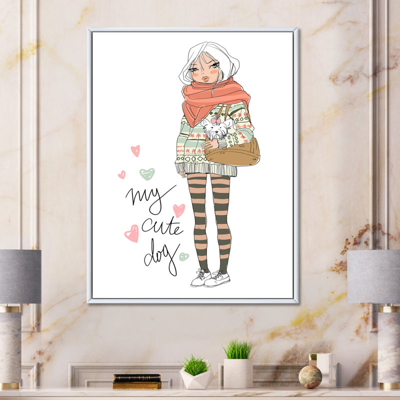 «Cute Girl With Dog», reproduction sur toile flottante, H 20 po x l 12 po x P 1po, Blanc