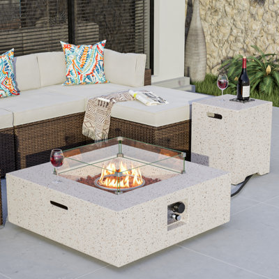 Outdoor Patio Propane Fire Pit Set with Tank Hideaway Side Table & Wind Guard