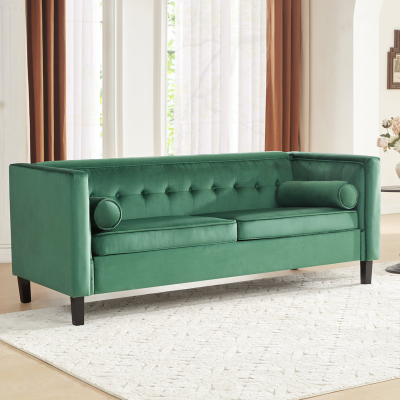 Chelsea 77'' W Mid Century Upholstery Tufted Sofa, Green Velvet, Wood Framework
