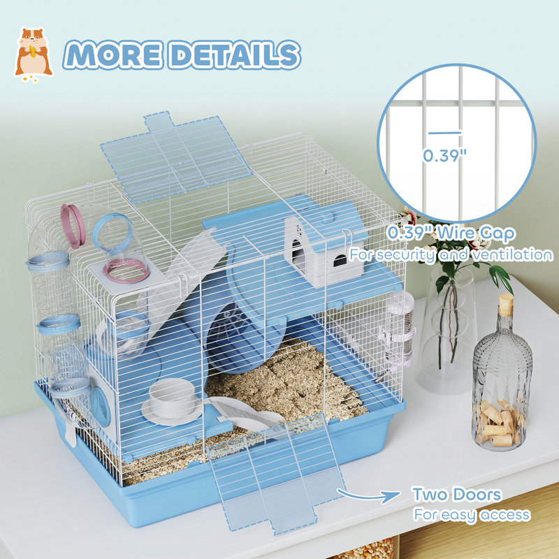 Cage à hamster, cage à 3 niveaux pour petits animaux avec roue d'exercice, bol à nourriture, bouteille d'eau, maison, tunnels, rampes