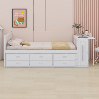 Multifunctional Wood Platform Bed With Desk,Storage Shelf At The End Of The Bed, Built-In Trundle And Drawers