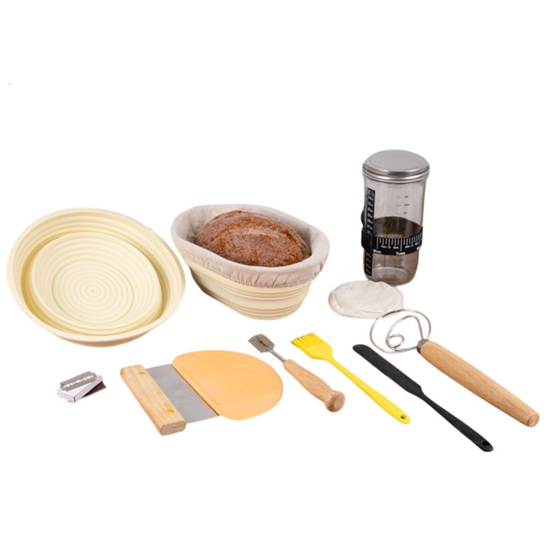Bread Proofing Basket Set: 10" Oval & 9" Round with Liners, Dough Whisk, Lame, Scrapers & Sling. Sourdough Starter Kit.