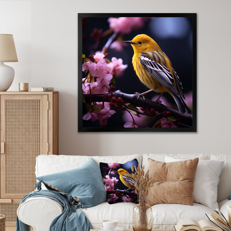 Oiseau jaune sur une fleur de cerisier II sur toile, H 36 po x l 36 po x P 1,5 po, Cadre simple noir