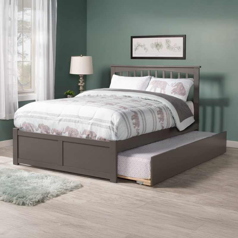 Aiston Solid Wood Platform Bed with Panel Footboard and Roll Out Trundle, Gray
