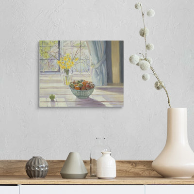 «Fruit Bowl with Spring Flowers, 1990» par Timothy Easton, reproduction d'art sur toile