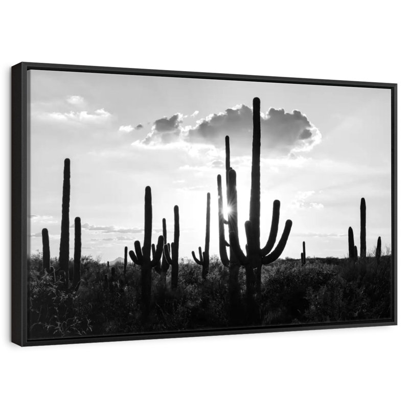 Arizona noir - Silhouettes de cactus, 25 po x 17 po, Cadre flottant noir
