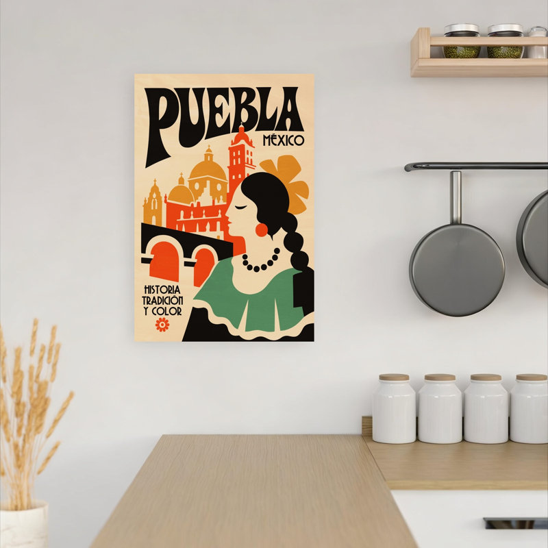Retro Puebla Mexico Travel Colorful Retro Traditional Architecture City Wall Art Print 1 Piece Wrapped Canvas Wall Art