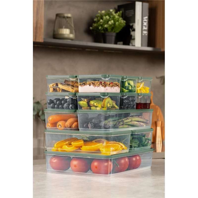Versatile Storage Box Set (17 Pieces), Green Plastic, Includes 2 x 4.3 x 11.8 in (1.8 qt), 2 x 9.1 x 5.5 in (1.8 qt), 12 x 3.5 x 4.1 in (0.9 qt), 1 x 9.1 x 11.6 in (3.7 qt) | Dishwasher Safe, Durable & Space-Saving Design for Home Organization