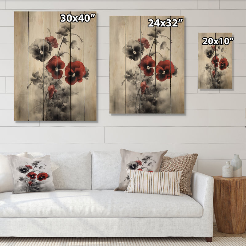 Pensées de minimalisme rouges et grises I sur bois, H 32 po x l 24 po x P 0,78 po
