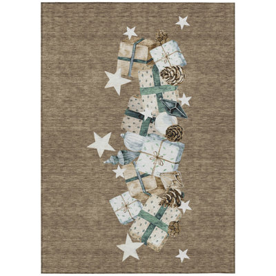 Machine Washable Indoor/Outdoor Christmas Presents Xhevrie Brown Rug