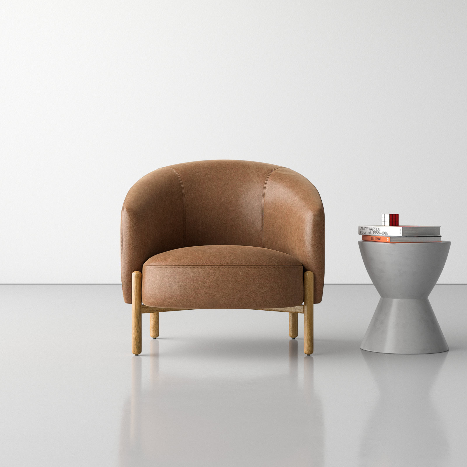 Beton Oak Genuine Leather Barrel Chair, Palermo Cognac Genuine Leather