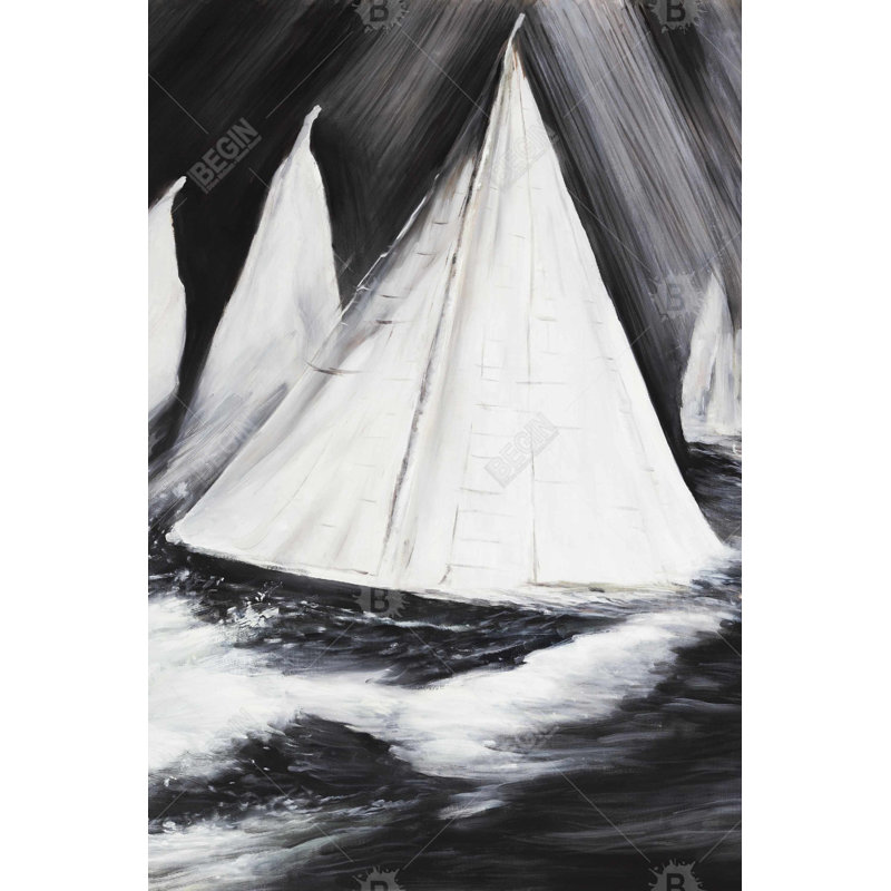 "Bateaux en niveaux de gris dans une tempête", H 36 po x l 24 po