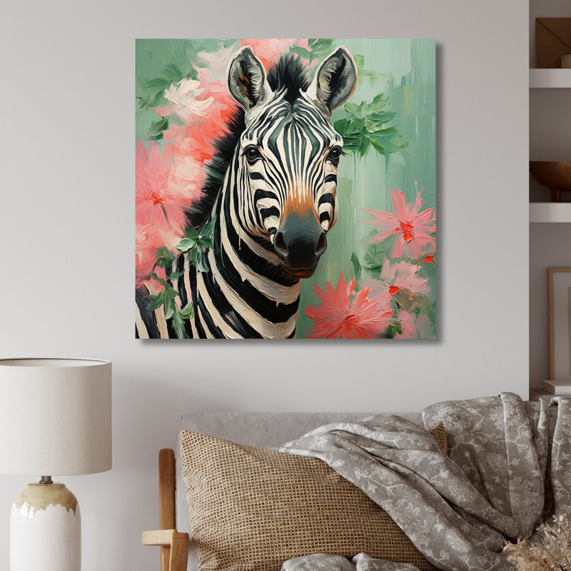 Rose et vert floral zèbre V - art mural animal zèbre en métal, H 16 po x l 16 po x P 1 po