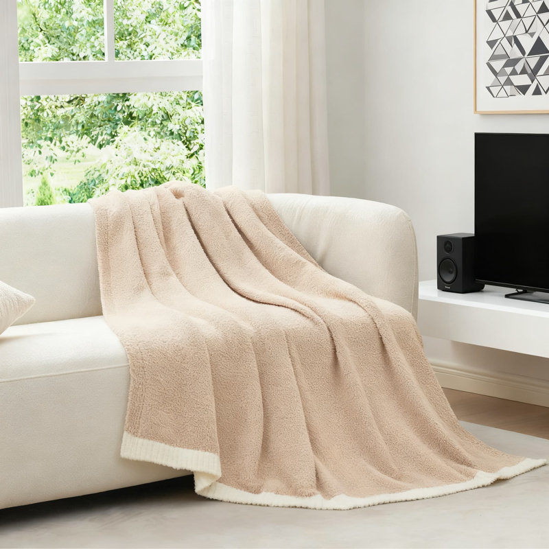 Jeté en tricot ultra doux réversible, douillet moelleux en microfibre pour canapé, lit et canapé, lavable à la machine, Beige