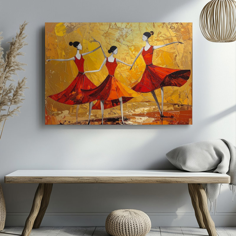 Art mural sur toile Joy In Motion, toile abstraite danseuse rouge sur fond doré, prête à être accrochée à la galerie, décoration moderne