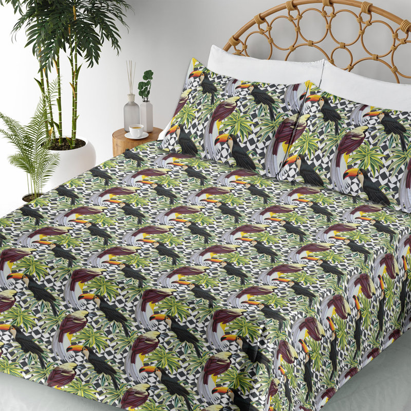 Microfiber Sheet Set, Twin Sheet Set with 1 Pillowcase, Green Parrots Bird