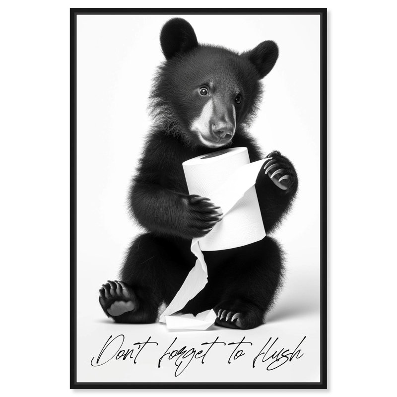 «Don't Forget to Flush Bear», reproduction d'art sur toile par Notoriart, Cadre noir, H 16 po x l 11 po