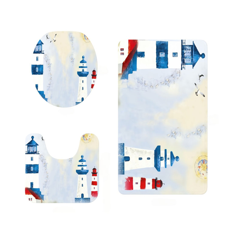 Ensemble de 3 tapis de salle de bain à motif de phare aquarelle
