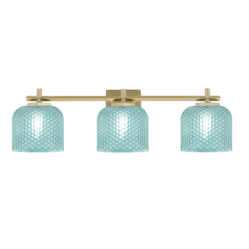 Barre d'éclairage de salle de bain 3 lumières Mariko avec verre texturé fumée 6 po, Laiton New Age, Bleu sarcelle