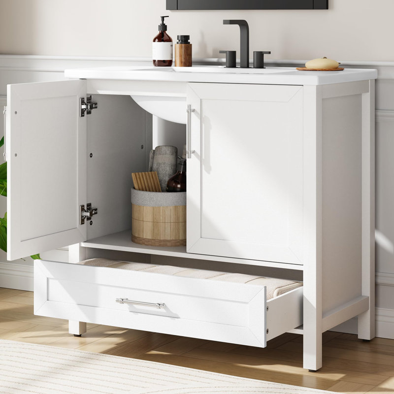 Bathroom Vanity with Ceramic Basin, Bathroom Storage Cabinet with Drawer and 2 Soft Closing Doors, 36", White