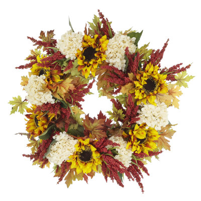 Couronne de tournesol d'automne avec hortensias et bruyère