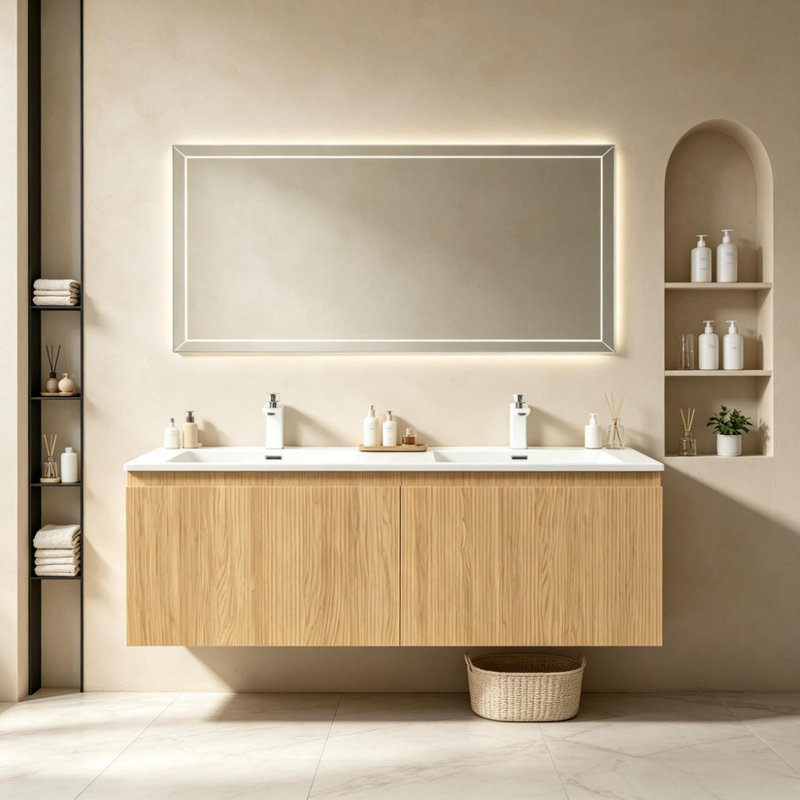Meuble-lavabo suspendu double vasque de 122 cm (48 po) avec rangement dissimulé et armoire sous-vasque contemporaine, chêne jaune