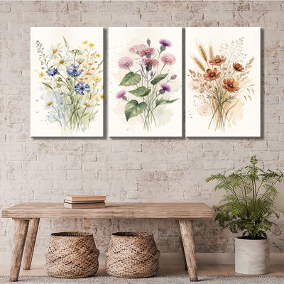Art botanique aquarelle rétro de fleurs sauvages - ensemble de 3 impressions sur toiles tendues de qualité supérieure