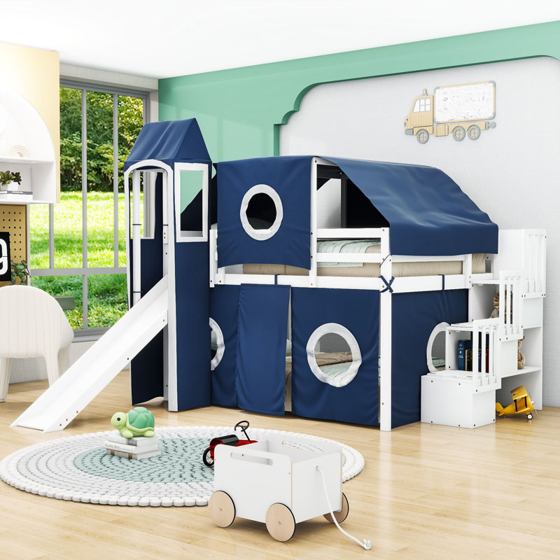 Jaleana Slat Loft Bed with Bookcase, Blue, Full