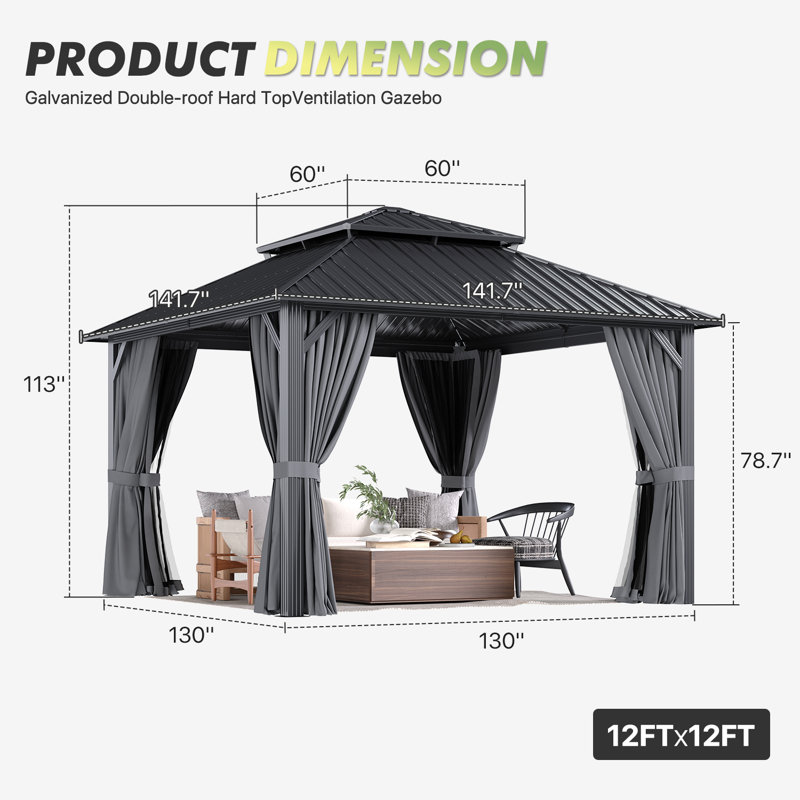 Pavillon de jardin à toit rigide avec toit en acier galvanisé et structure en métal, 12 pi. L 12 pi. D, Gris