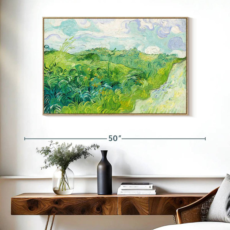 Champ de blé vert Auvers, 40 po x 27 po, Cadre flottant en bois naturel