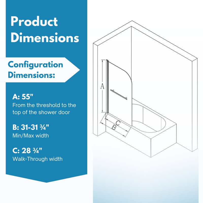 31"W x 55"H Brushed Gold Frameless Tempered Glass Bathtub Door