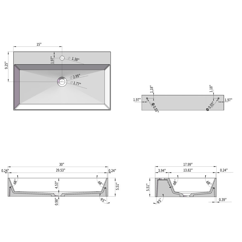 30" X 18" Matte White Solid Surface Wall Mounted Bathroom Skating Sink - Spacious And Stylish Lavatory Modern Feature