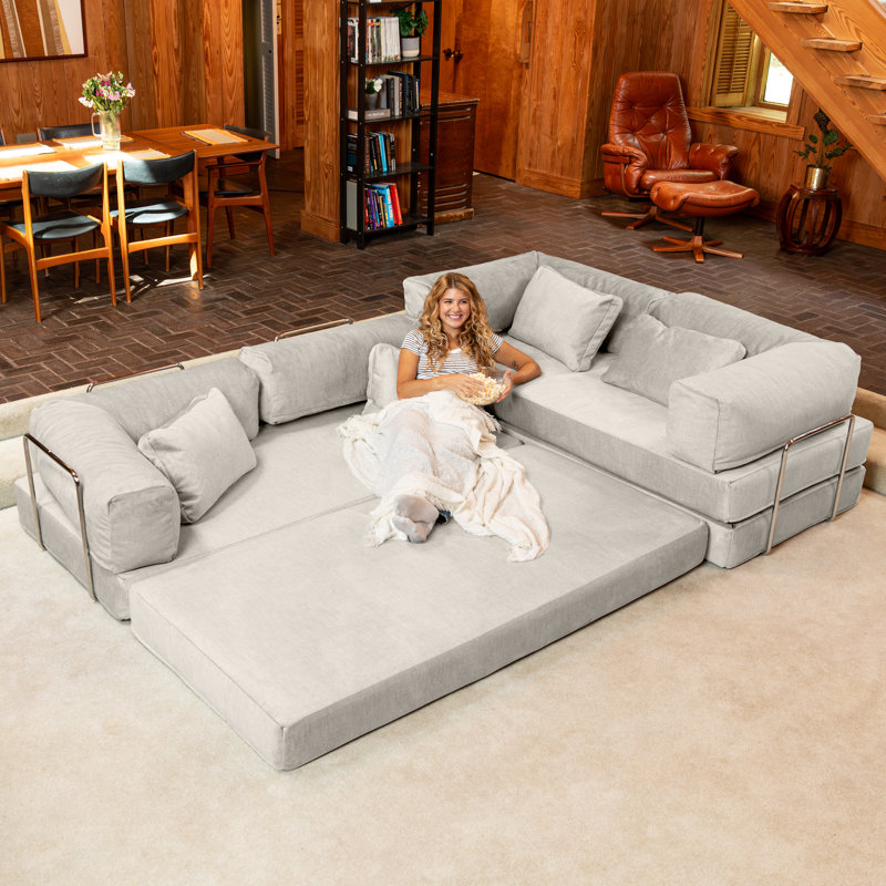  Canapé-lit modulaire convertible en forme de L avec canapé-lit en mousse viscoélastique pliable unsuf, Velours ivoire