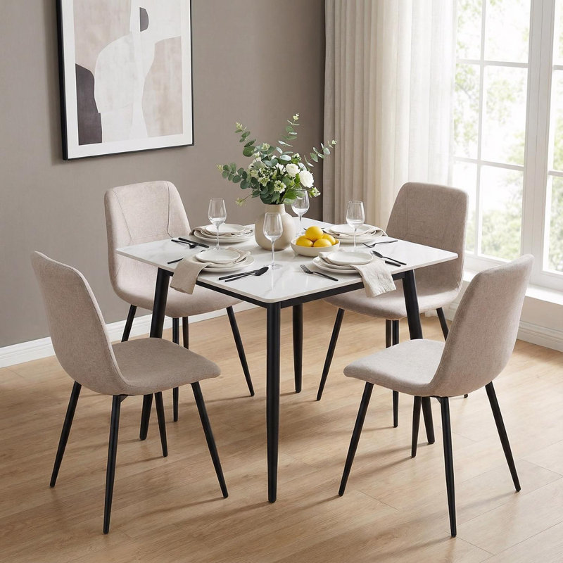 Linen Upholstered Black Steel Frame Dining Chairs, 4, Light Brown