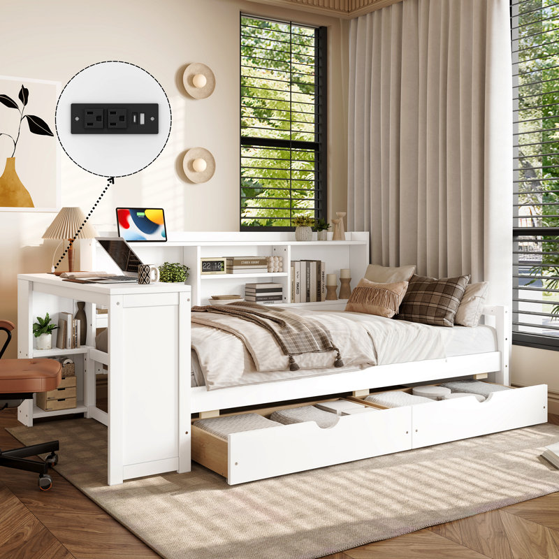 Lit de jour simple d'angle avec tiroirs de rangement et bureau et port de charge et bibliothèque de couleur blanche, White