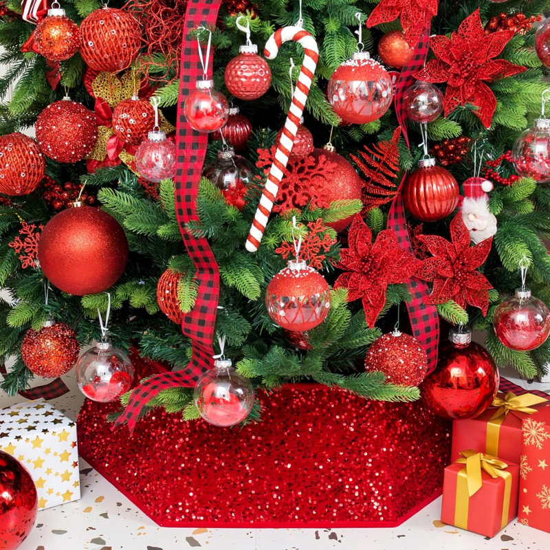Collier de sapin de Noël à paillettes rouges scintillantes – Housse de pied de sapin de qualité supérieure pour les fêtes