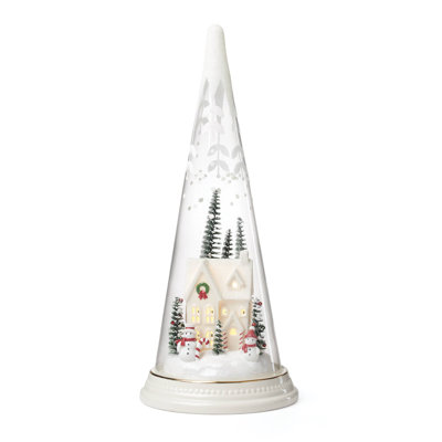 Lit Christmas Cone With Farmhouse Scene